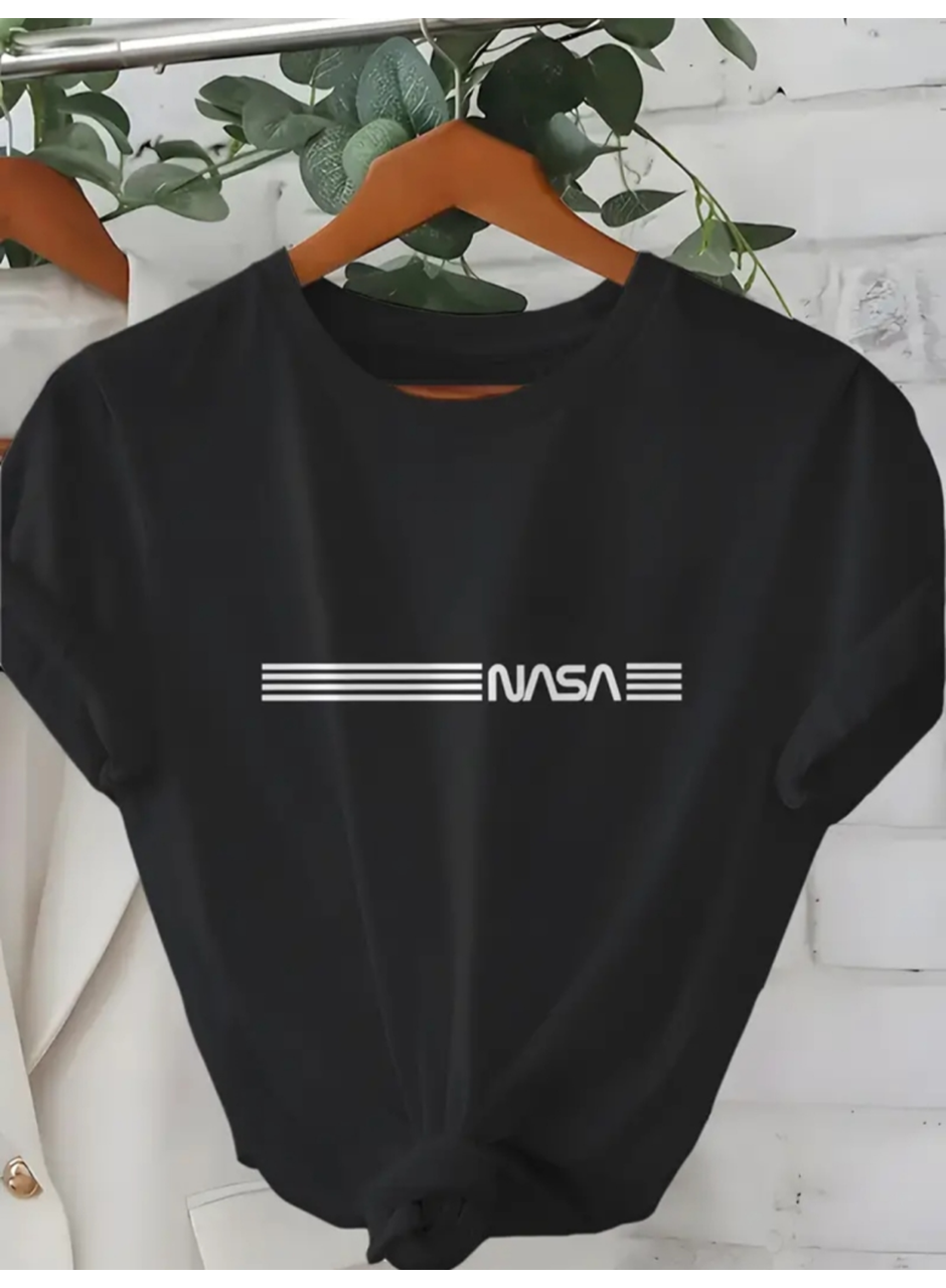 Erkek Kısa Kollu NASA Baskı Bisiklet Yaka T-shirt