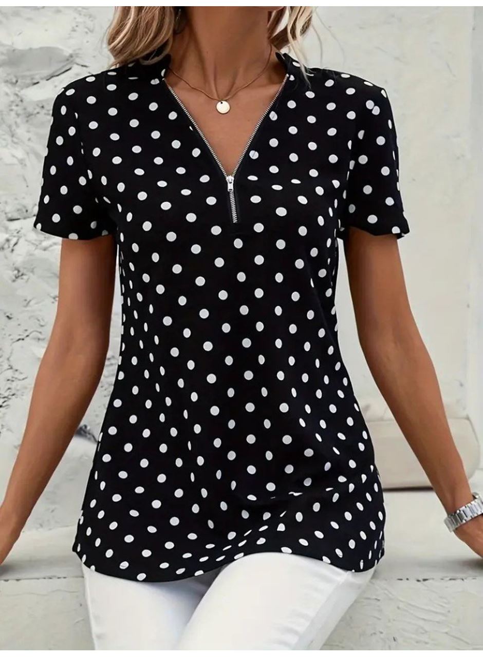 Kadın Kısa Kollu Yakadan Fermuarlı Puantiyeli Uzun Dokuma Viskon Bluz