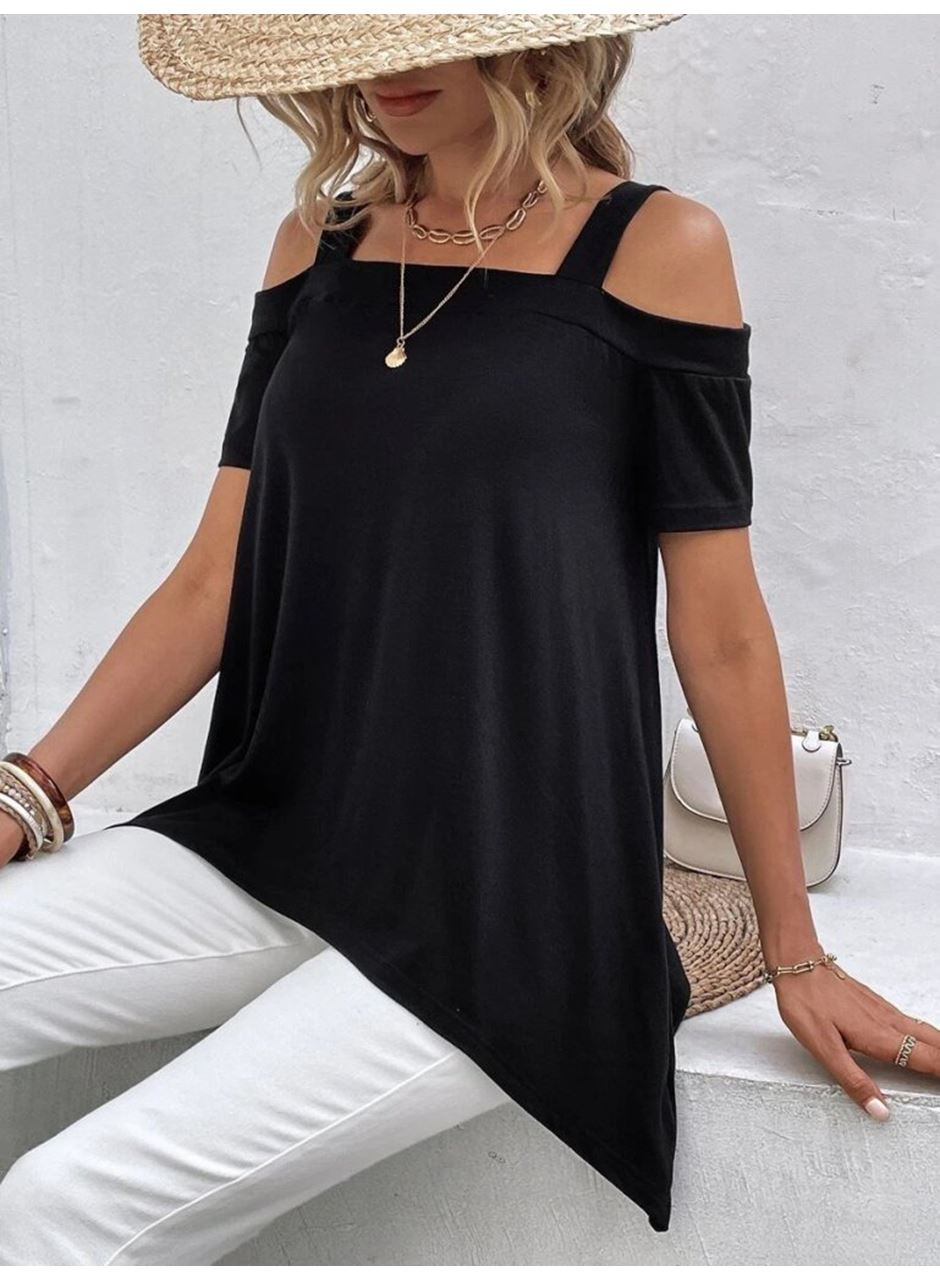 Kadın Kısa Kollu Omuzlardan Açık Askılı Asimetrik Kesim Viskon Bluz