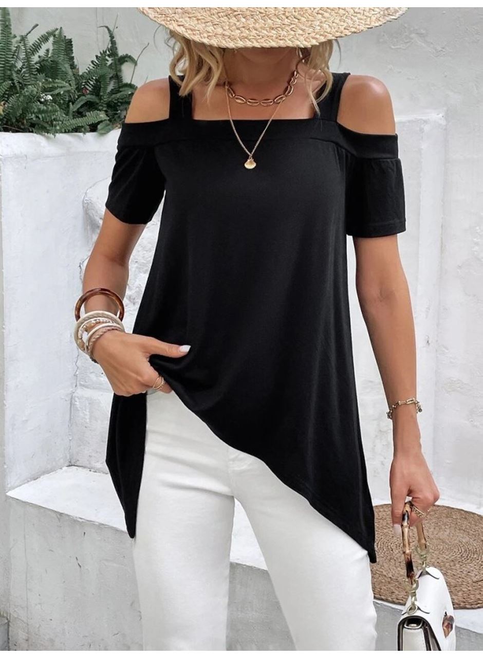 Kadın Kısa Kollu Omuzlardan Açık Askılı Asimetrik Kesim Viskon Bluz