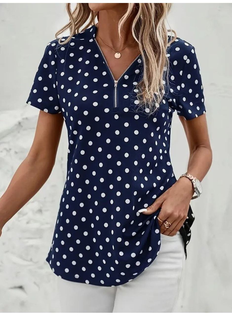 Kadın Kısa Kollu Yakadan Fermuarlı Puantiyeli Uzun Dokuma Viskon Bluz