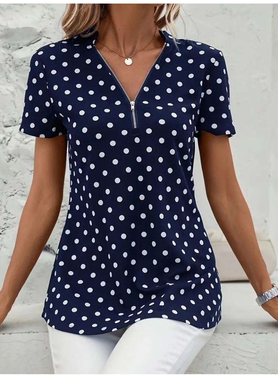 Kadın Kısa Kollu Yakadan Fermuarlı Puantiyeli Uzun Dokuma Viskon Bluz