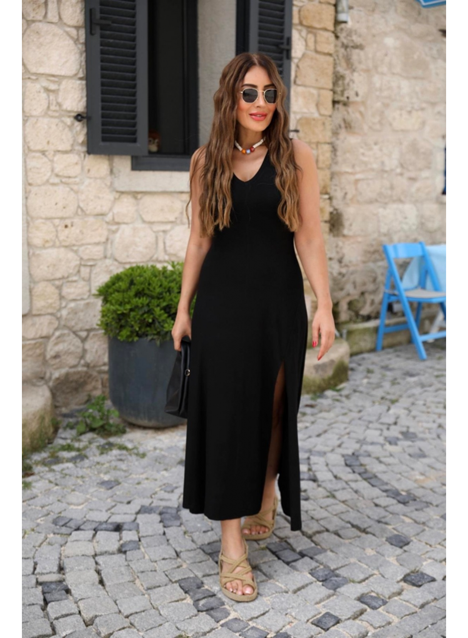 Kadın Askılı V Yakalı Yırtmaçlı Viskon Elbise