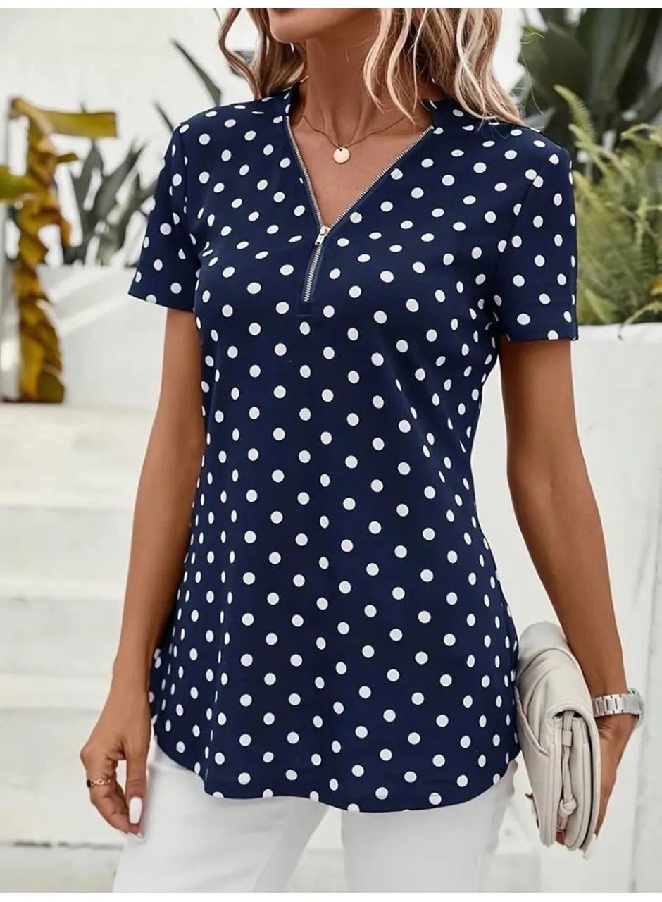 Kadın Kısa Kollu Yakadan Fermuarlı Puantiyeli Uzun Dokuma Viskon Bluz