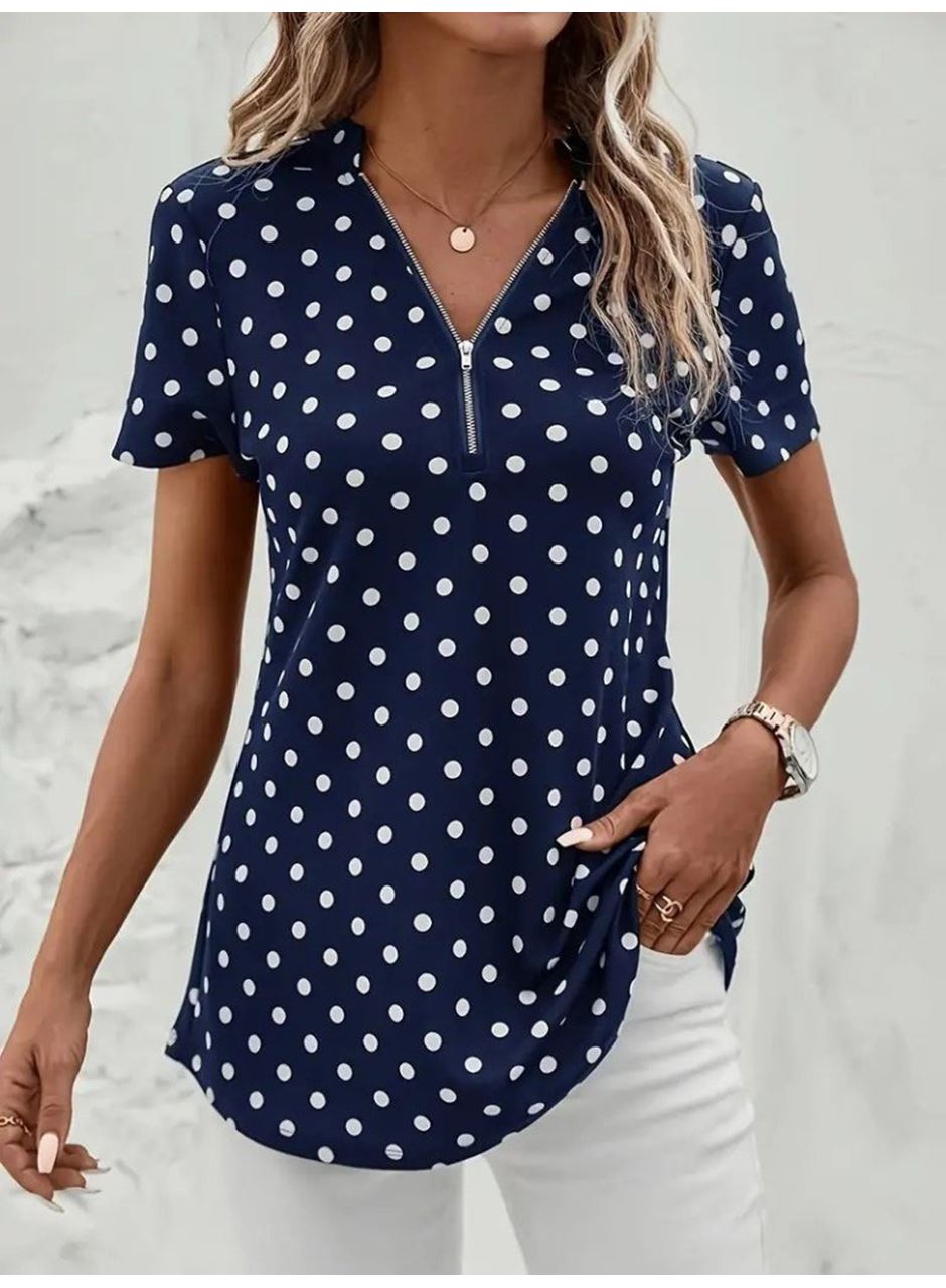 Kadın Kısa Kollu Yakadan Fermuarlı Puantiyeli Uzun Dokuma Viskon Bluz