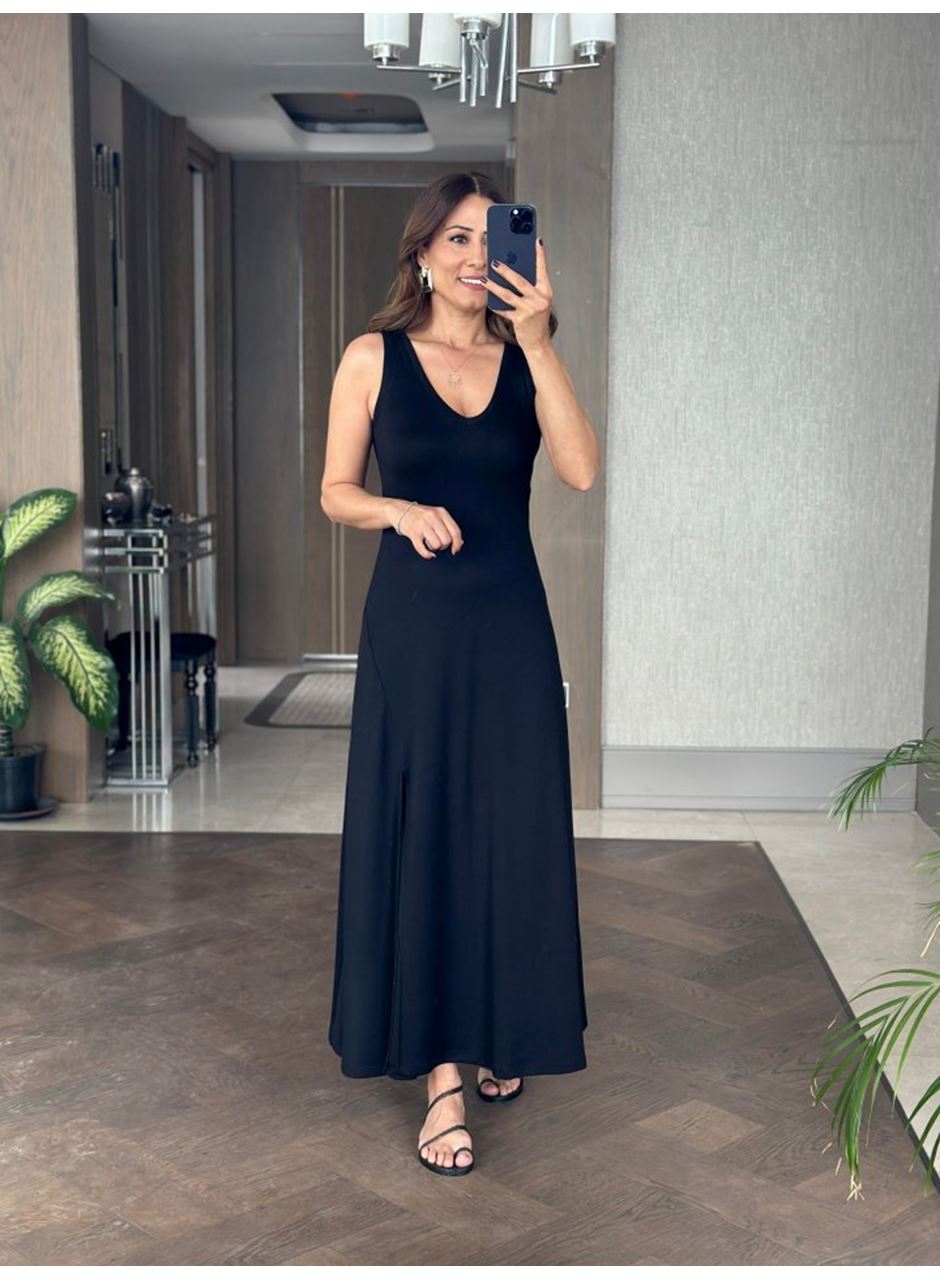 Kadın Askılı V Yakalı Yırtmaçlı Viskon Elbise