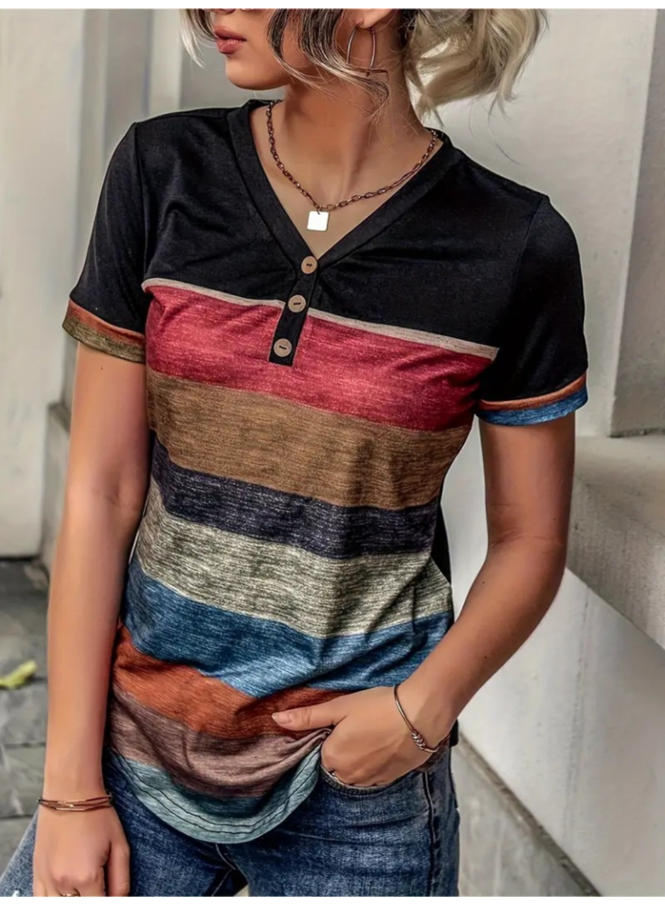 Kadın Kısa Kollu V Yakalı Düğmeli çok Renkli Süprem Bluz
