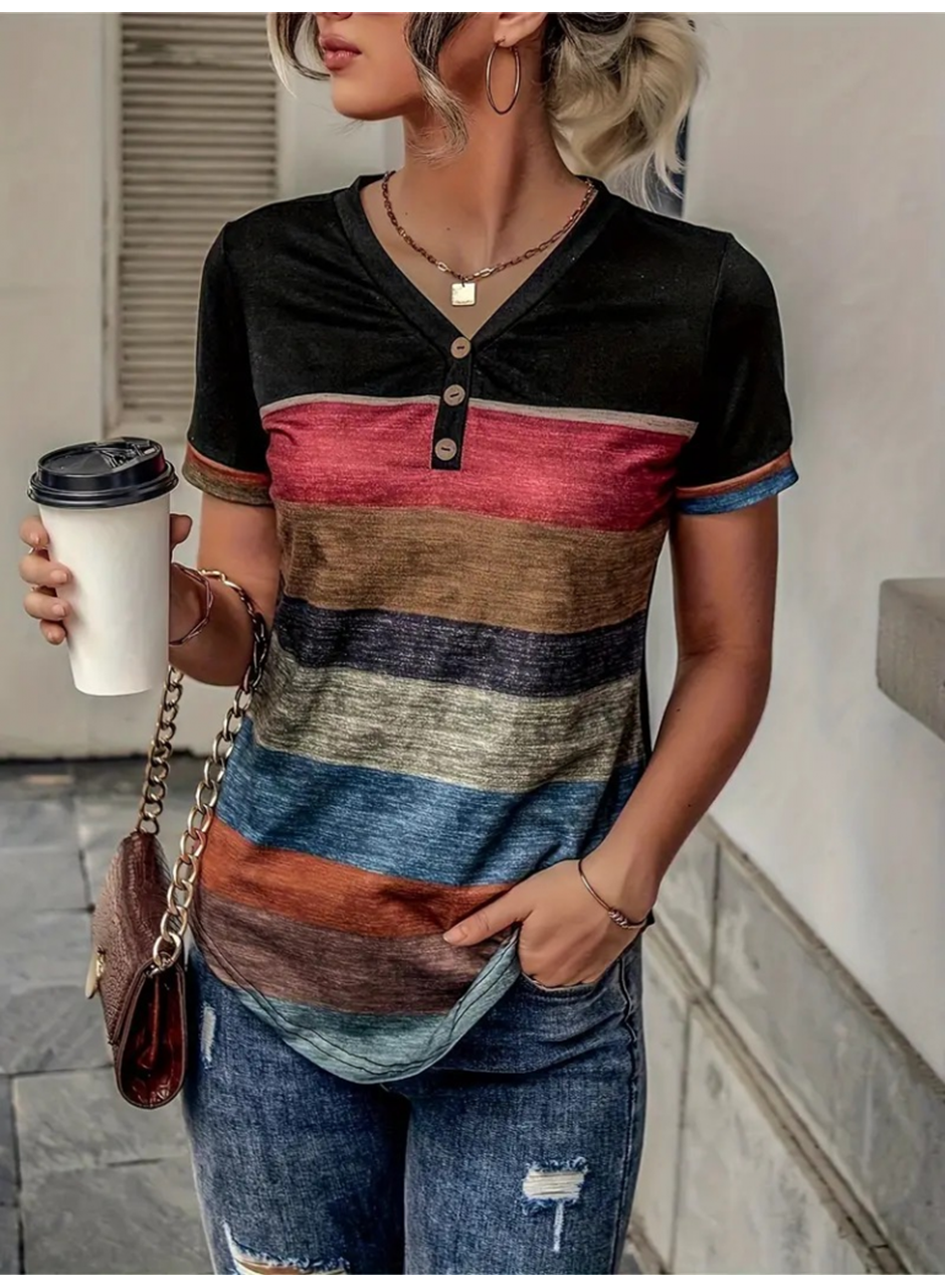 Kadın Kısa Kollu V Yakalı Düğmeli çok Renkli Süprem Bluz