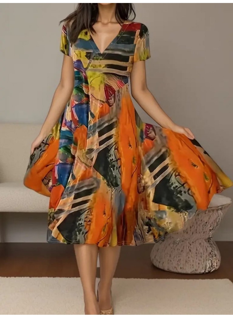 Kadın Kısa Kollu V Yaka Renkli Karışık Desen Kloş Süprem Midi Elbise
