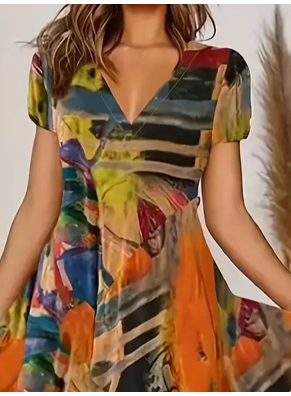 Kadın Kısa Kollu V Yaka Renkli Karışık Desen Kloş Süprem Midi Elbise