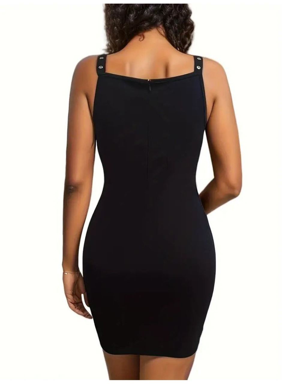 Kadın Askılı Derin V Yakalı Kuş Gözü Detaylı Janjan Krep Elbise