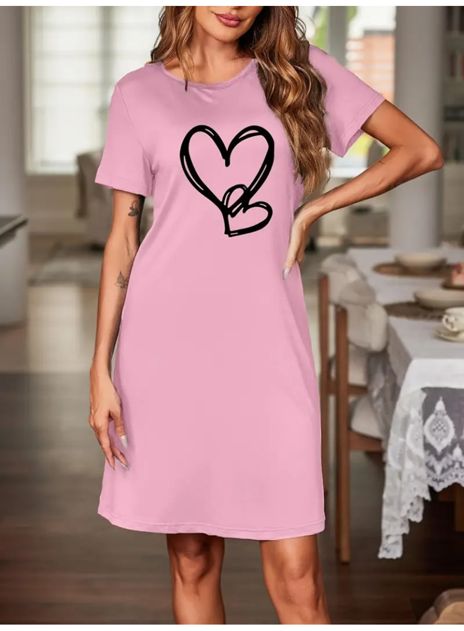 Kadın Kısa Kollu Bisiklet Yaka Kalp Desenli Viskon Elbise