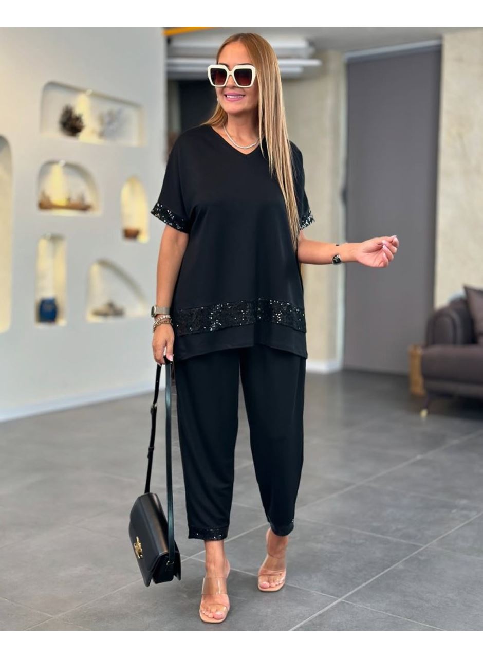 Kadın Kısa Kollu V Yakalı Pul Payetli Viskon Iki Iplik Bluz Ve Pantolon Ikili Takım