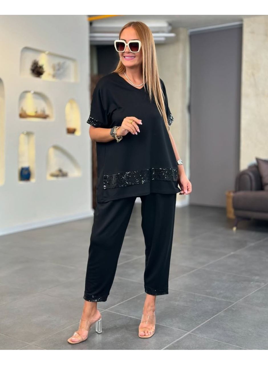 Kadın Kısa Kollu V Yakalı Pul Payetli Viskon Iki Iplik Bluz Ve Pantolon Ikili Takım