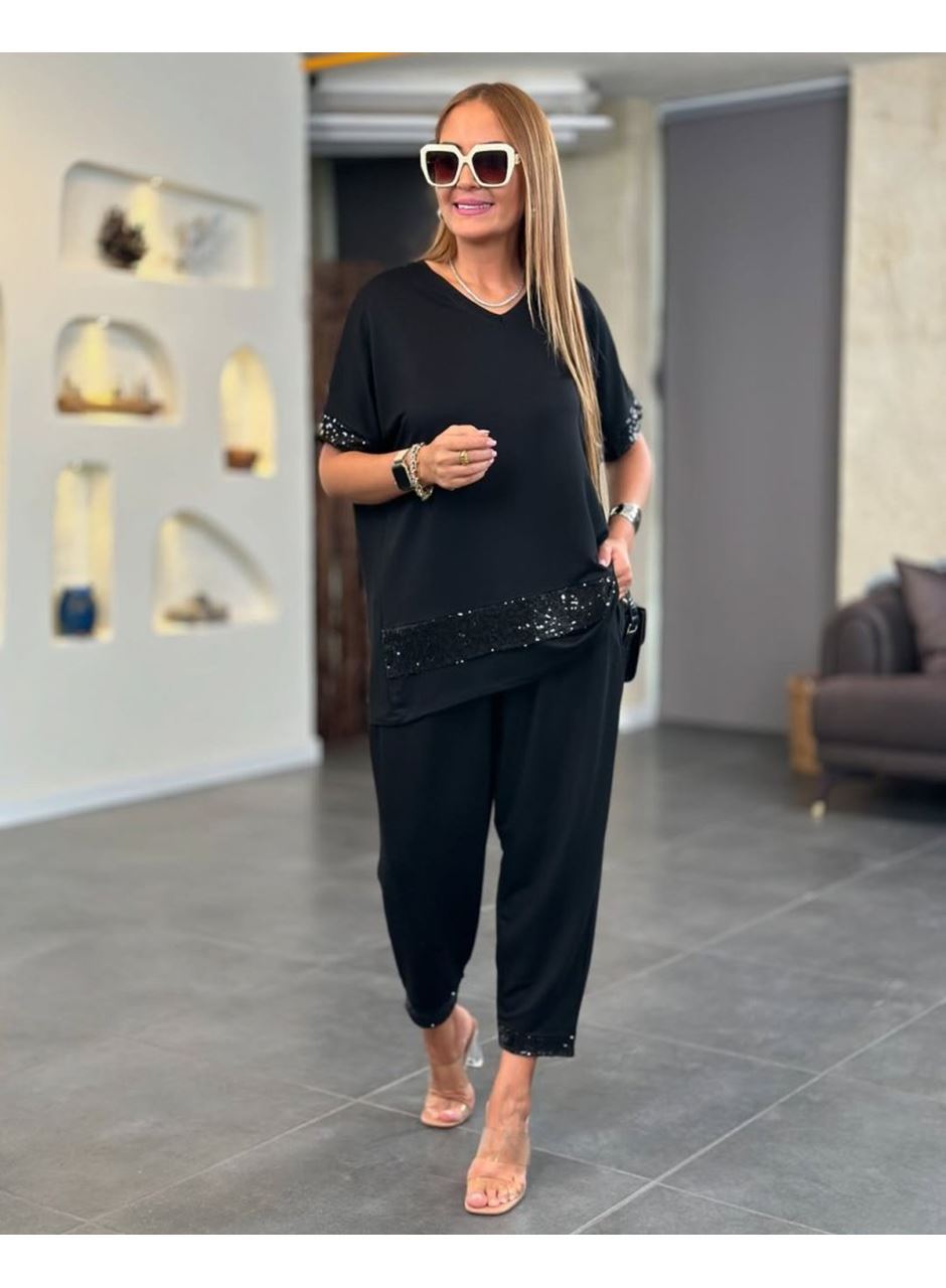 Kadın Kısa Kollu V Yakalı Pul Payetli Viskon Iki Iplik Bluz Ve Pantolon Ikili Takım