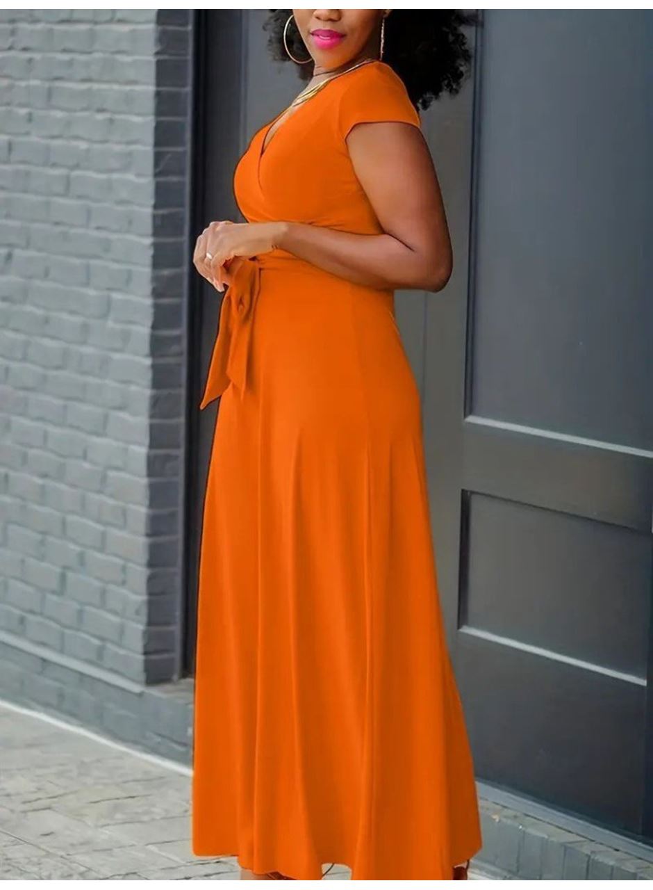 Kadın Kısa Kollu V Yakalı Belden Kuşaklı Maksi Boy Viskon Elbise