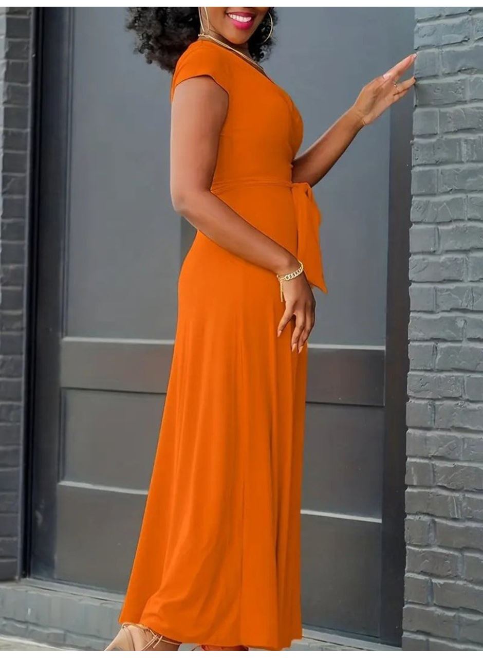 Kadın Kısa Kollu V Yakalı Belden Kuşaklı Maksi Boy Viskon Elbise