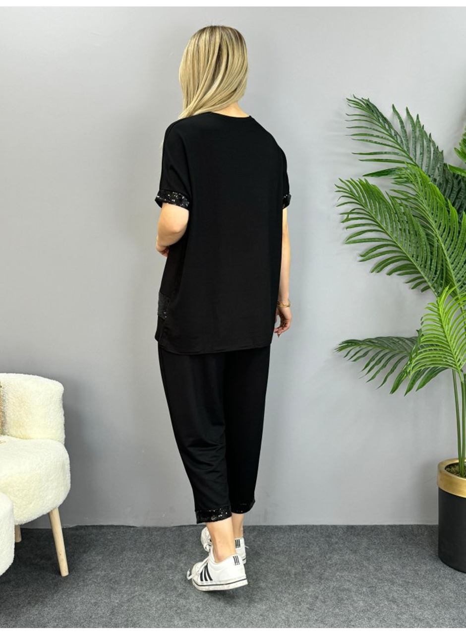 Kadın Kısa Kollu V Yakalı Pul Payetli Viskon Iki Iplik Bluz Ve Pantolon Ikili Takım