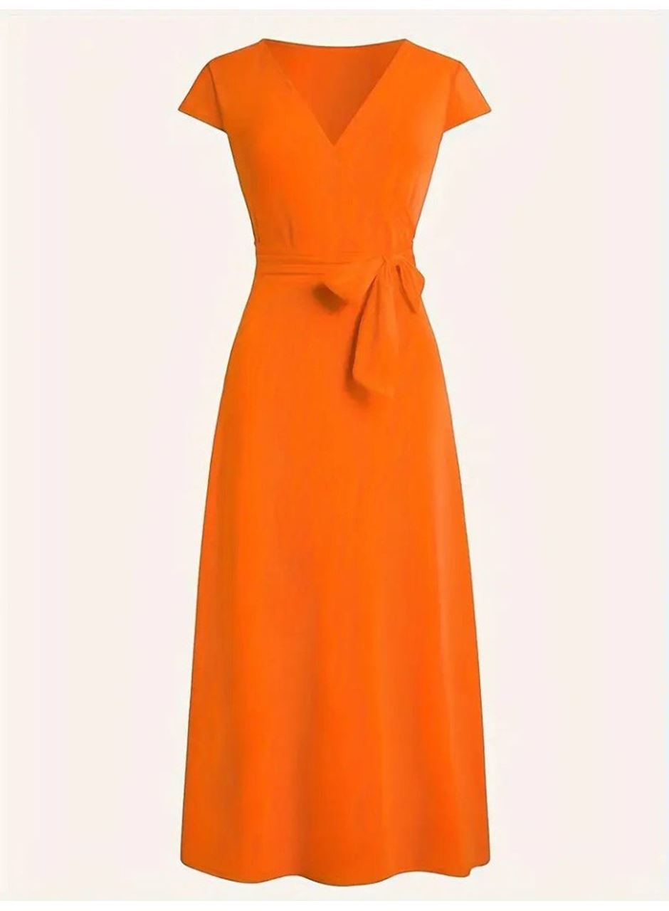 Kadın Kısa Kollu V Yakalı Belden Kuşaklı Maksi Boy Viskon Elbise