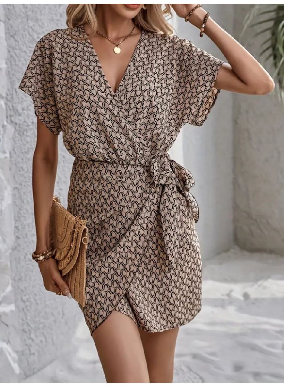 Kadın Kısa Yarasa Kollu önden Kruvaze Yaka Detaylı önden Bağlamalı Desenli Süprem Elbise