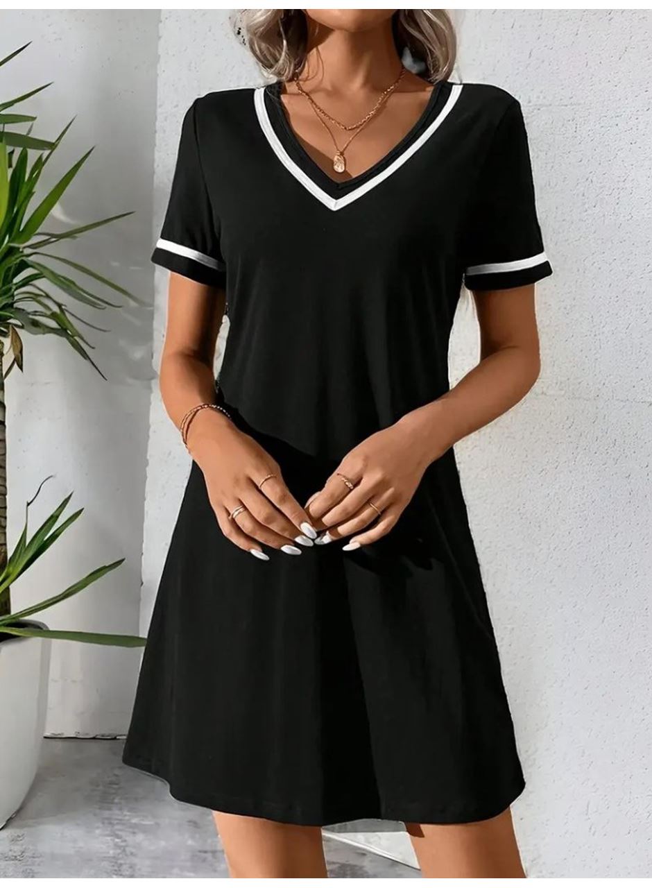 Kadın Kısa Kollu V çizgili Yakalı Kısa Viskon Elbise