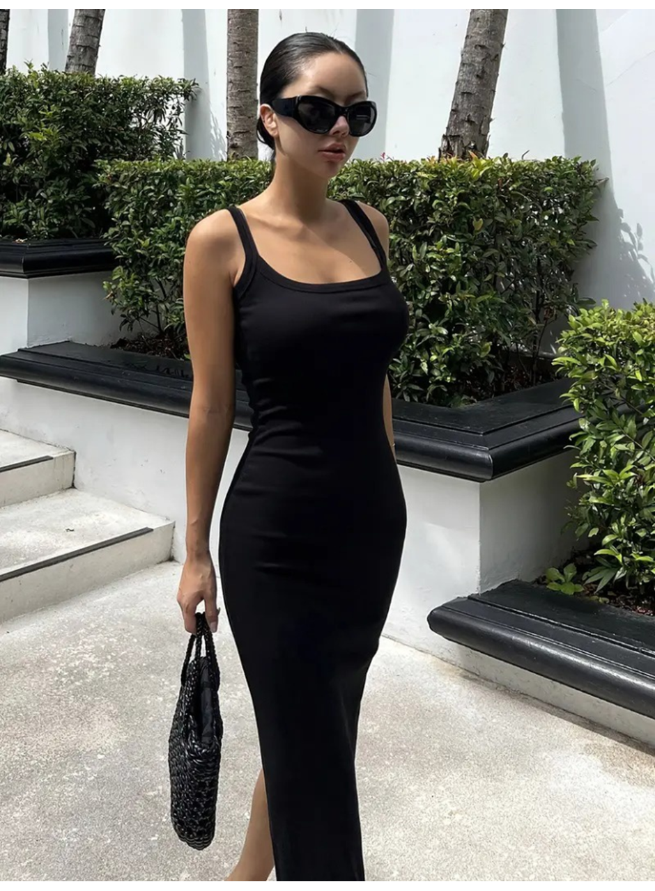 Kadın Ip Askılı Yuvarlak Yakalı Yırtmaçlı Midi Kaşkorse Elbise