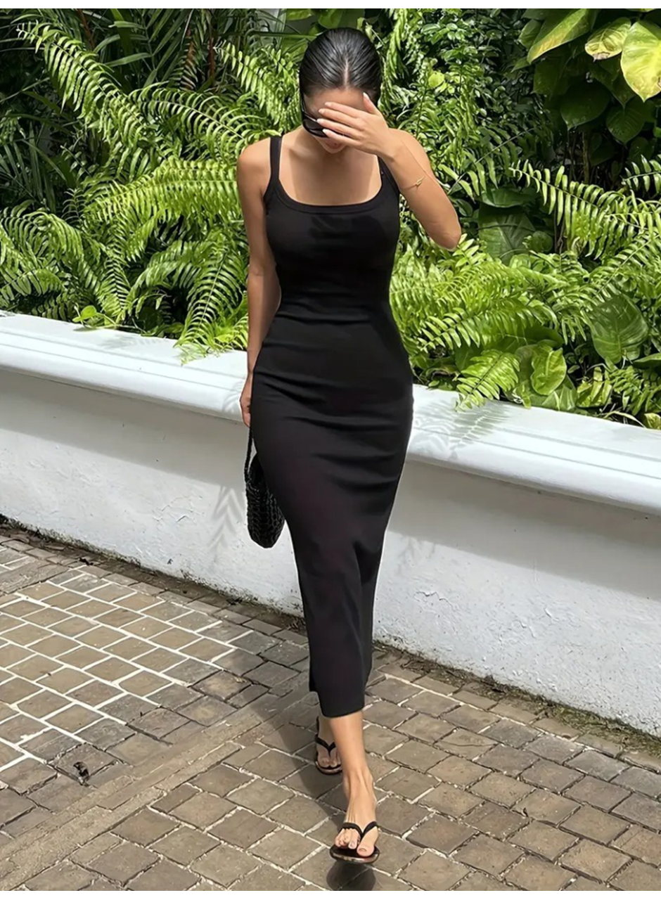 Kadın Ip Askılı Yuvarlak Yakalı Yırtmaçlı Midi Kaşkorse Elbise