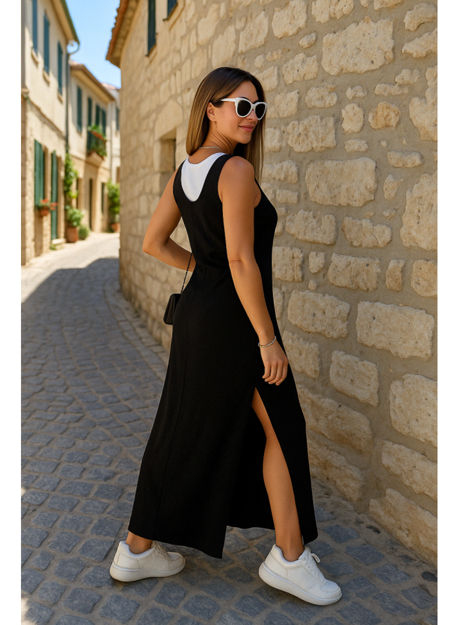 Kadın Yırtmaç Detaylı Viskon Kumaş Maxi Boy Cepli Iç Dahil Ikili Elbise