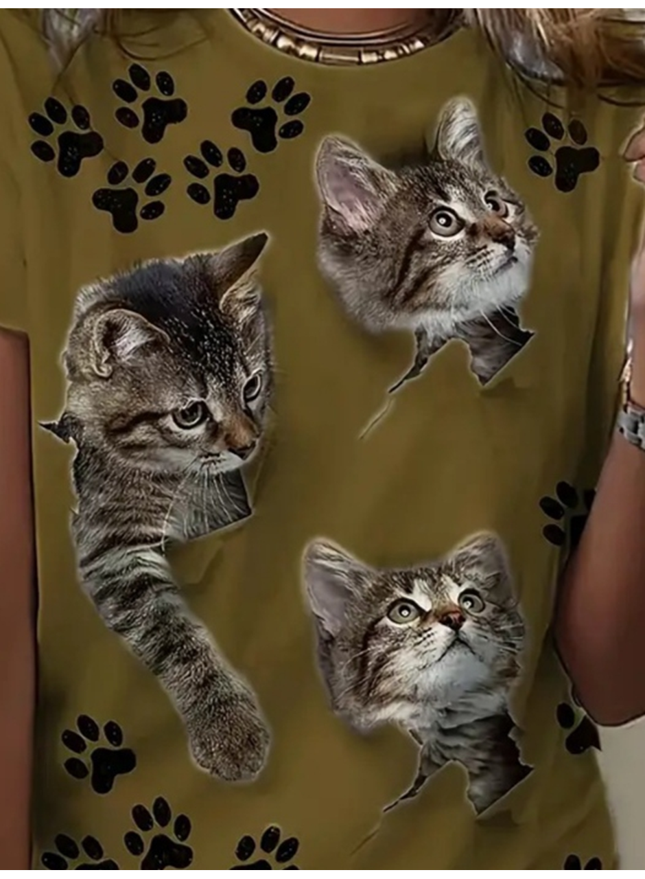 Kadın Kısa Kollu Kedi Ve Pati Baskılı Süprem T-shirt