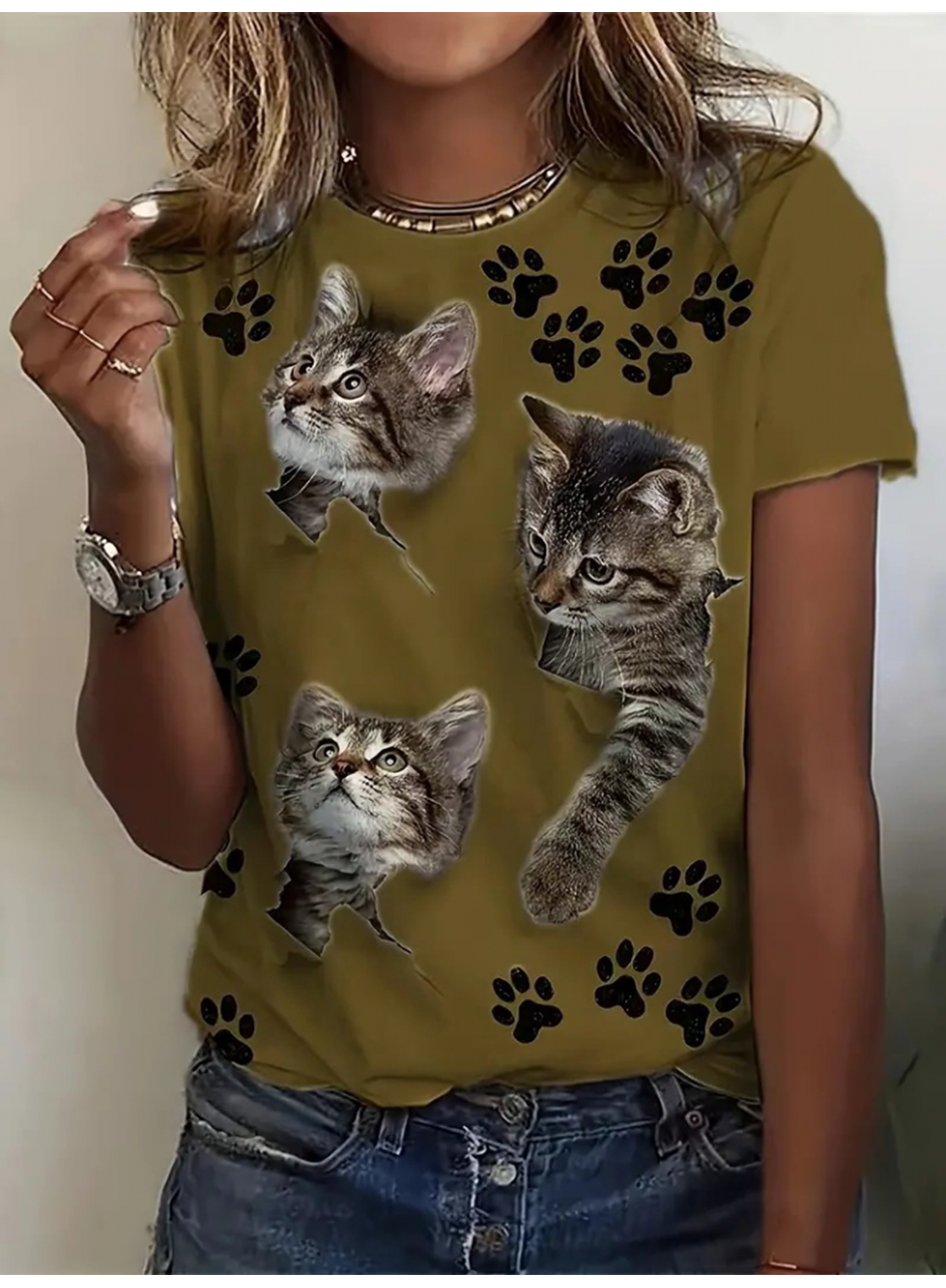 Kadın Kısa Kollu Kedi Ve Pati Baskılı Süprem T-shirt