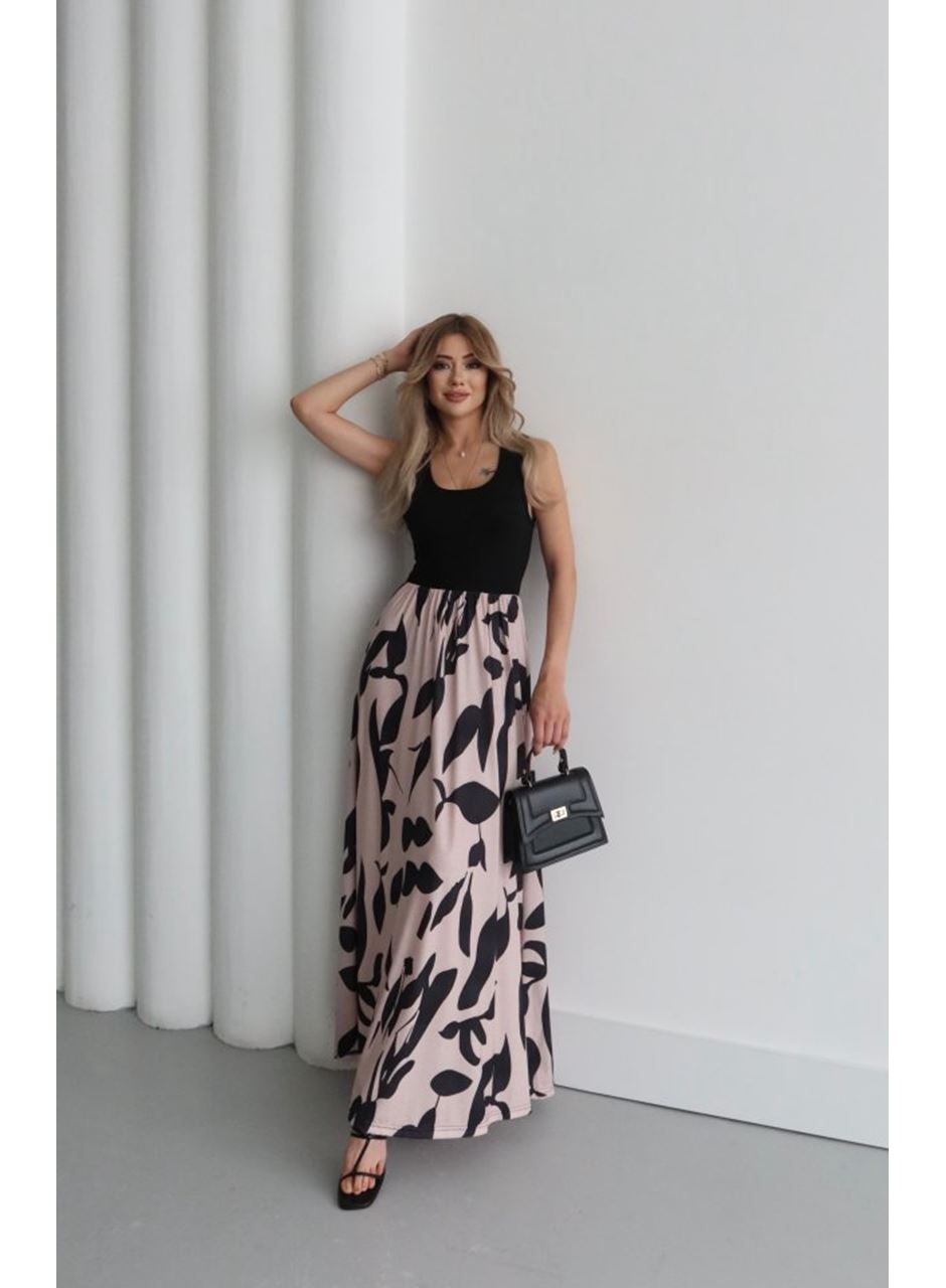 Kadın Askılı Yuvarlak Yaka üst Viskon Alt Desenli Uzun Süprem Elbise