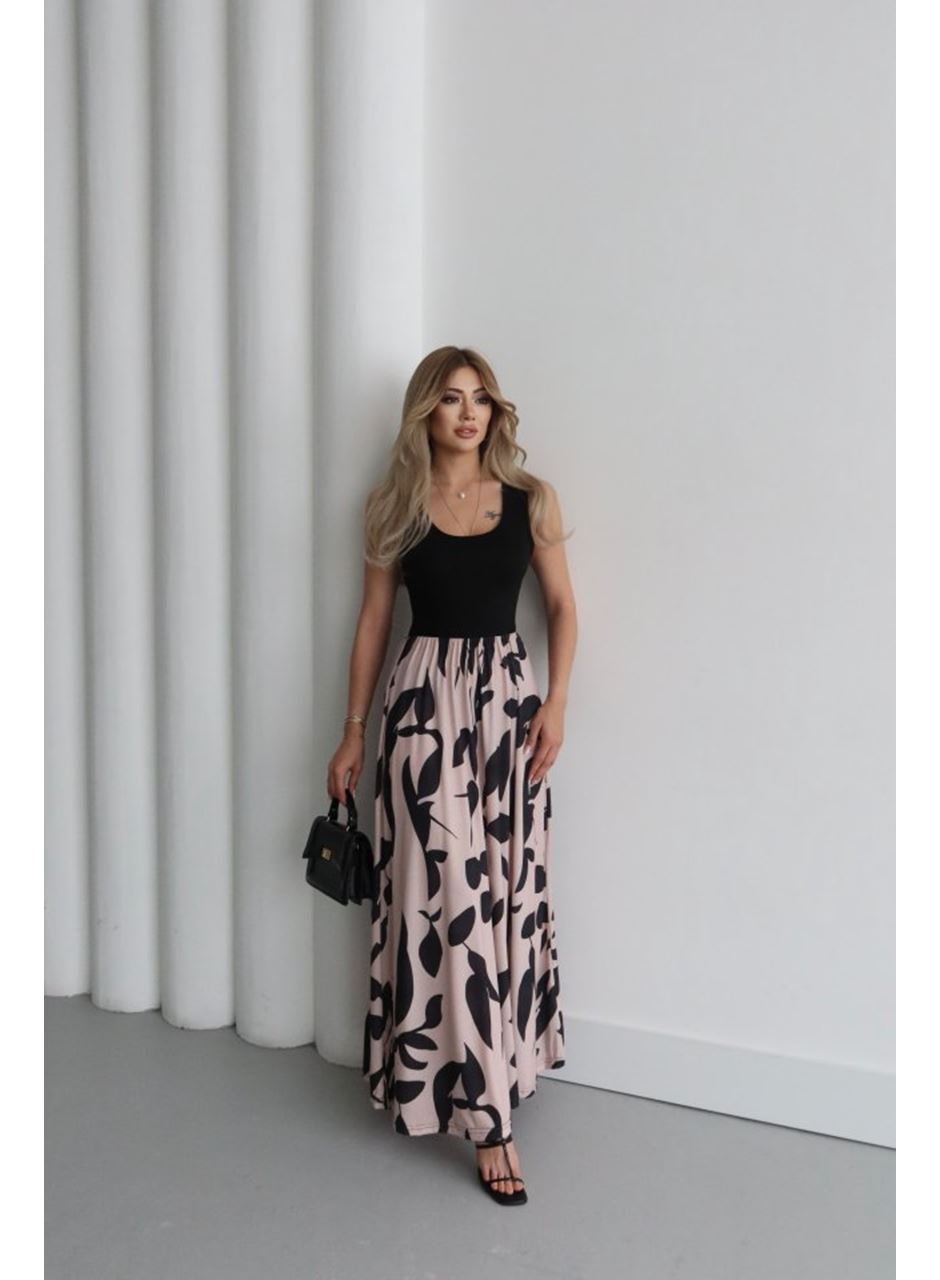 Kadın Askılı Yuvarlak Yaka üst Viskon Alt Desenli Uzun Süprem Elbise