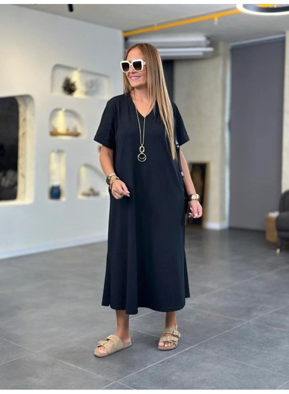 Kadın Kısa Kollu V Yakalı Cep Detaylı Uzun Viskon Iki Iplik Elbise