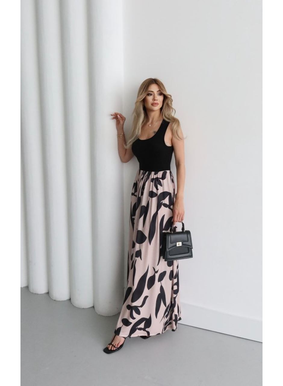Kadın Askılı Yuvarlak Yaka üst Viskon Alt Desenli Uzun Süprem Elbise