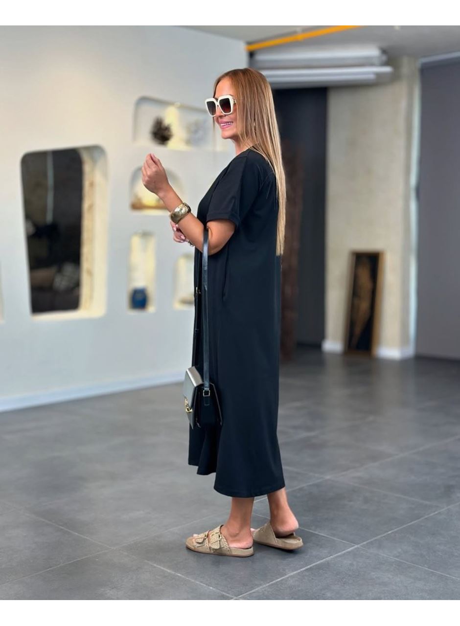 Kadın Kısa Kollu V Yakalı Cep Detaylı Uzun Viskon Iki Iplik Elbise