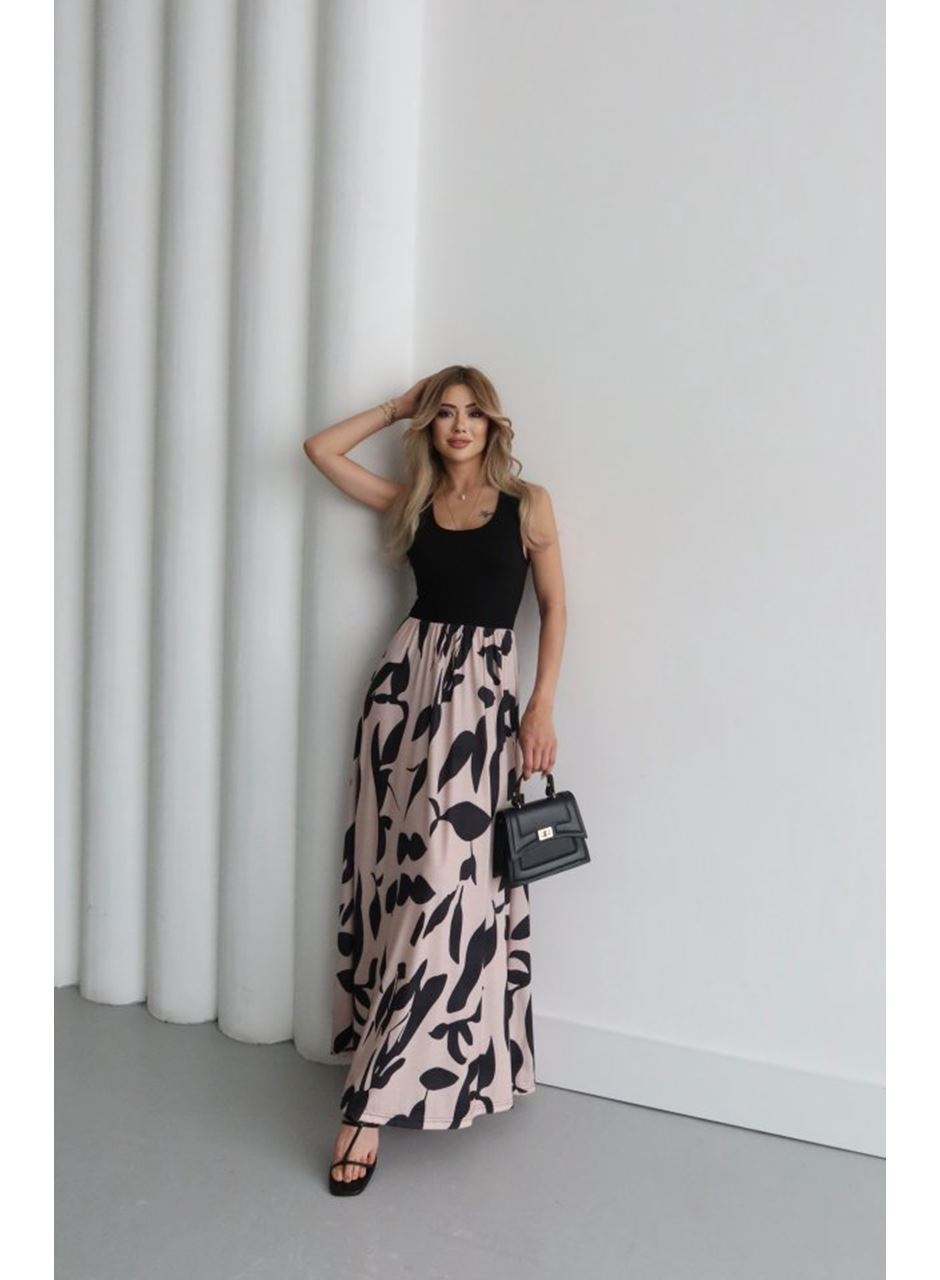 Kadın Askılı Yuvarlak Yaka üst Viskon Alt Desenli Uzun Süprem Elbise