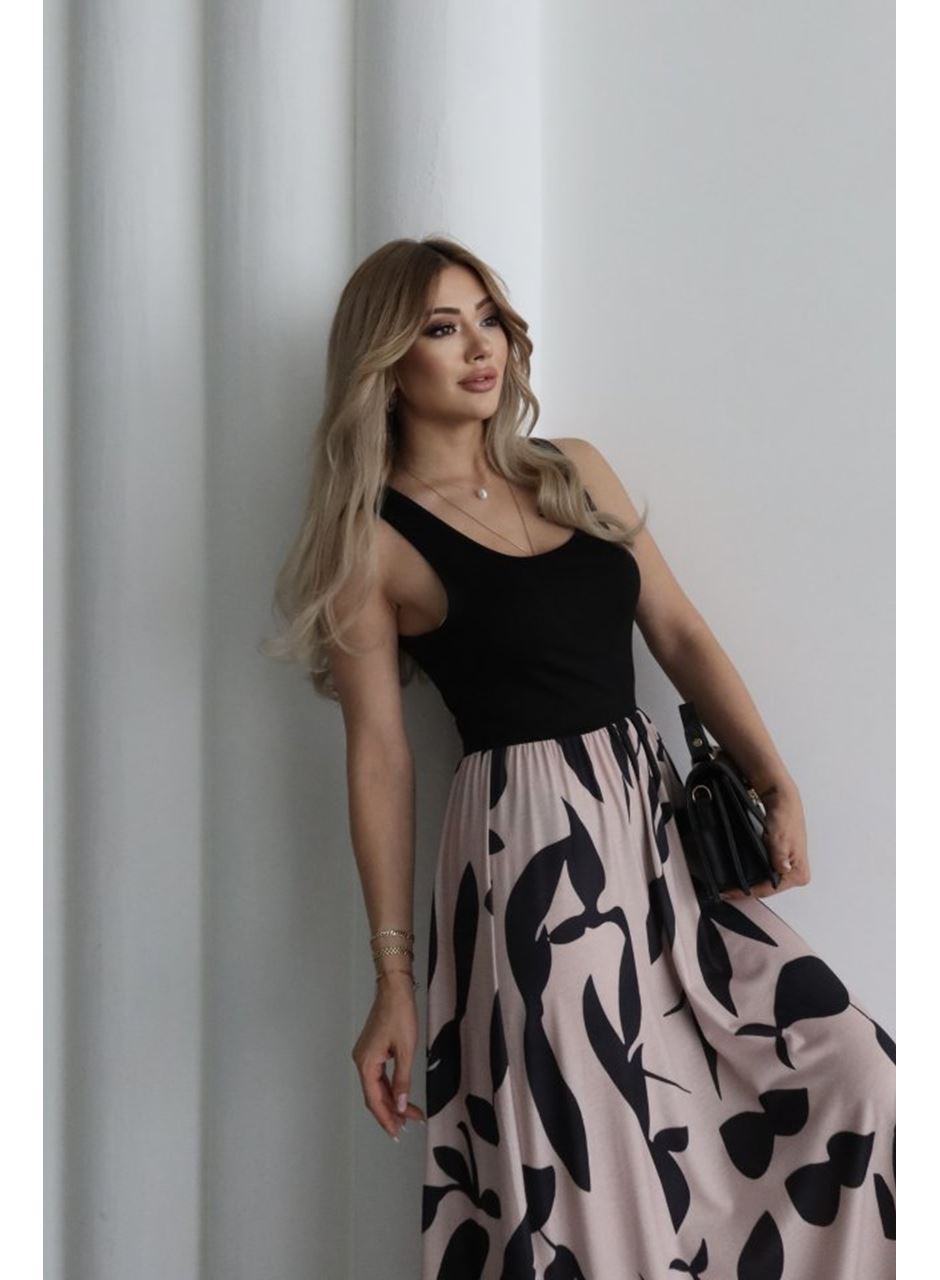 Kadın Askılı Yuvarlak Yaka üst Viskon Alt Desenli Uzun Süprem Elbise