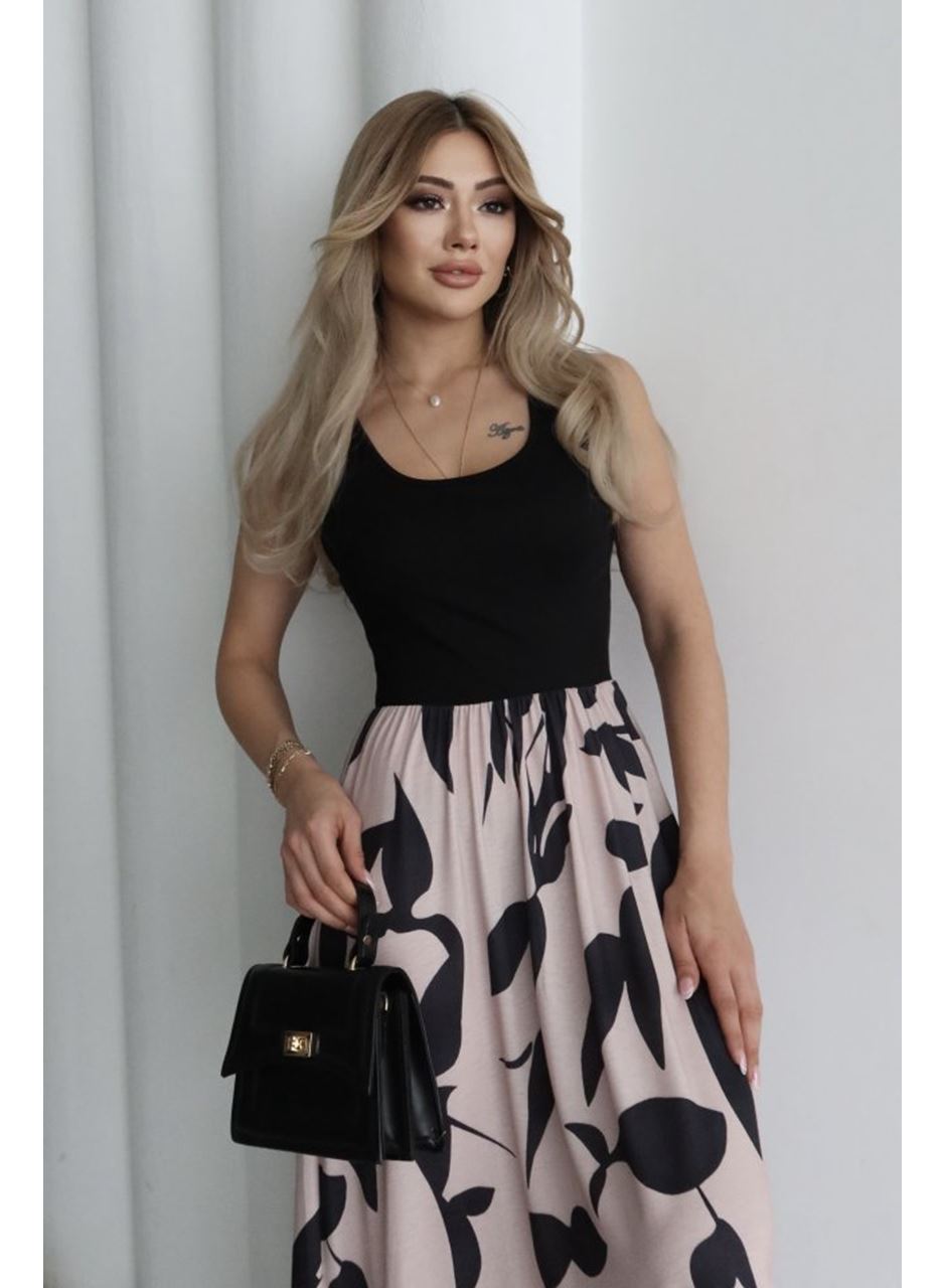 Kadın Askılı Yuvarlak Yaka üst Viskon Alt Desenli Uzun Süprem Elbise