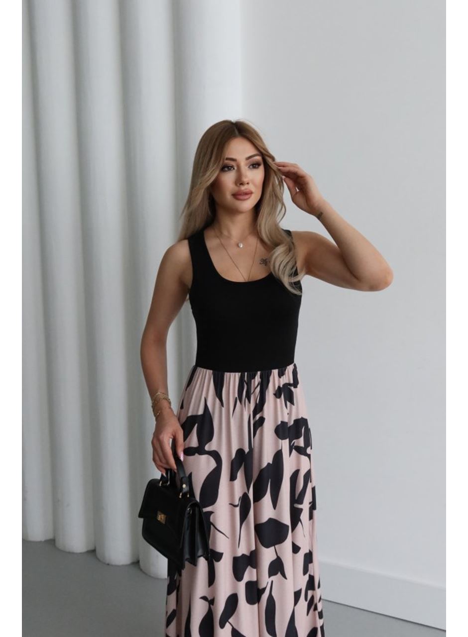 Kadın Askılı Yuvarlak Yaka üst Viskon Alt Desenli Uzun Süprem Elbise