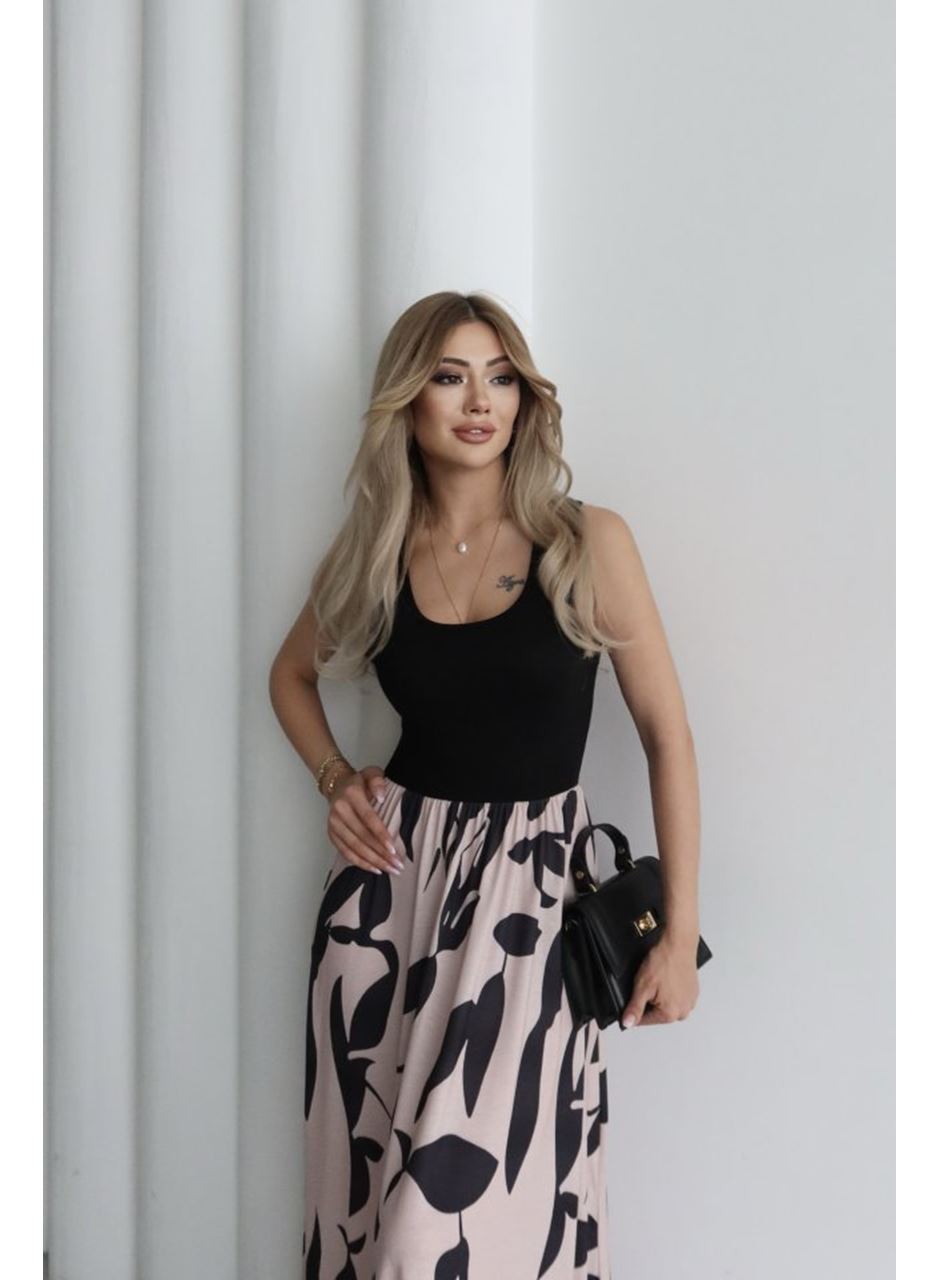 Kadın Askılı Yuvarlak Yaka üst Viskon Alt Desenli Uzun Süprem Elbise