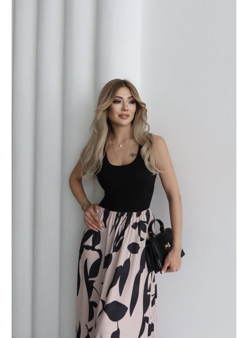 Kadın Askılı Yuvarlak Yaka üst Viskon Alt Desenli Uzun Süprem Elbise