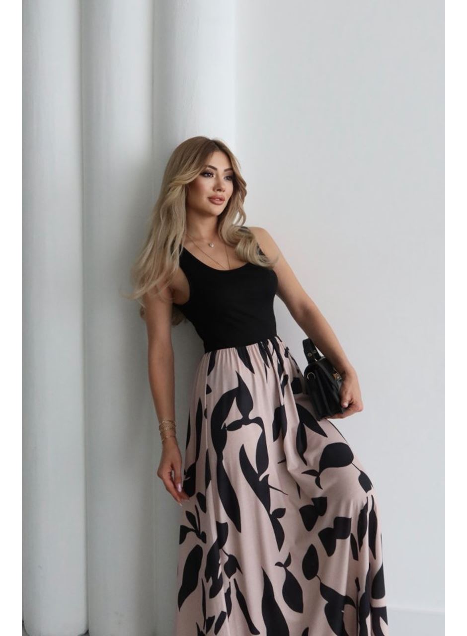 Kadın Askılı Yuvarlak Yaka üst Viskon Alt Desenli Uzun Süprem Elbise
