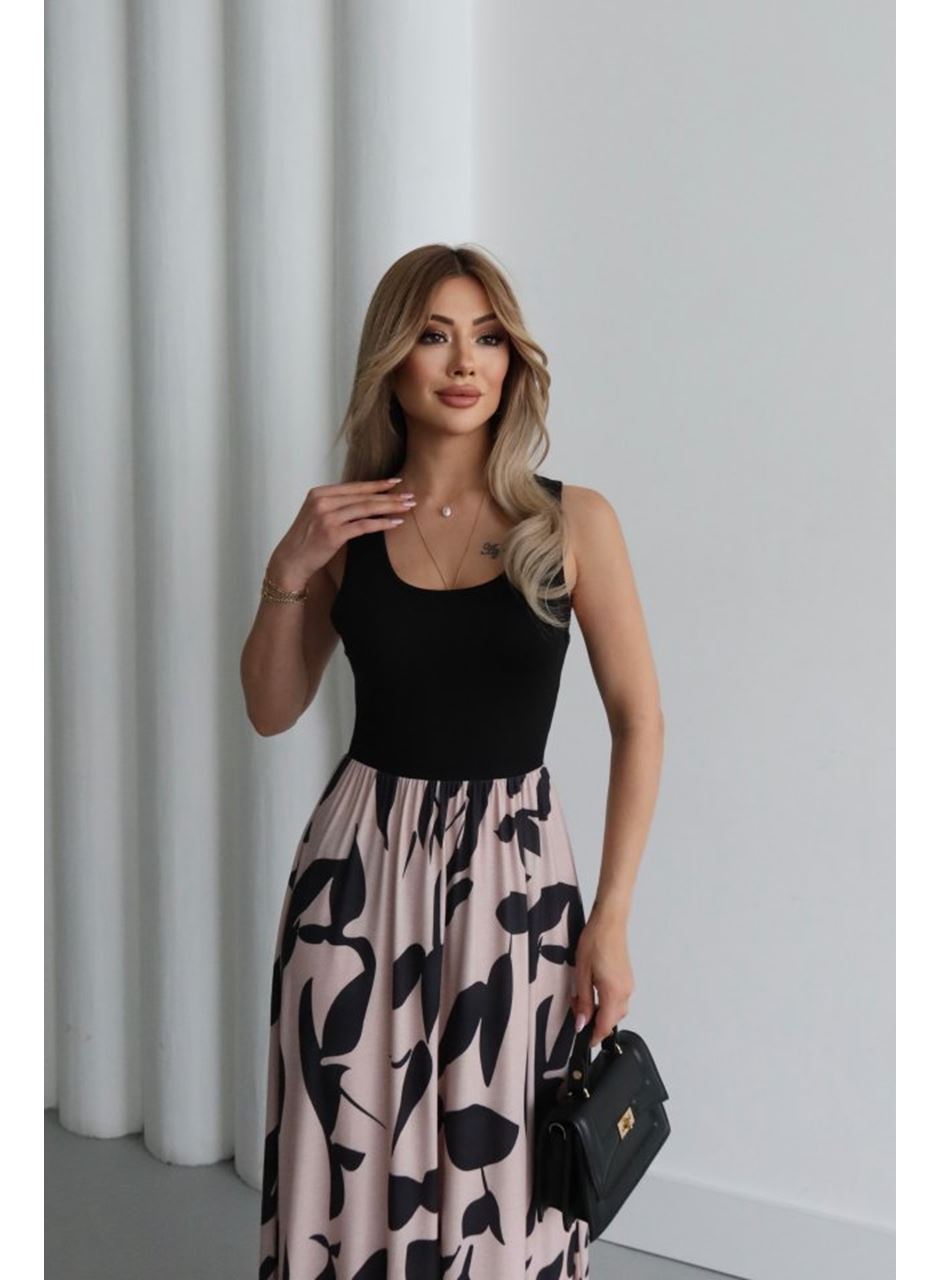 Kadın Askılı Yuvarlak Yaka üst Viskon Alt Desenli Uzun Süprem Elbise