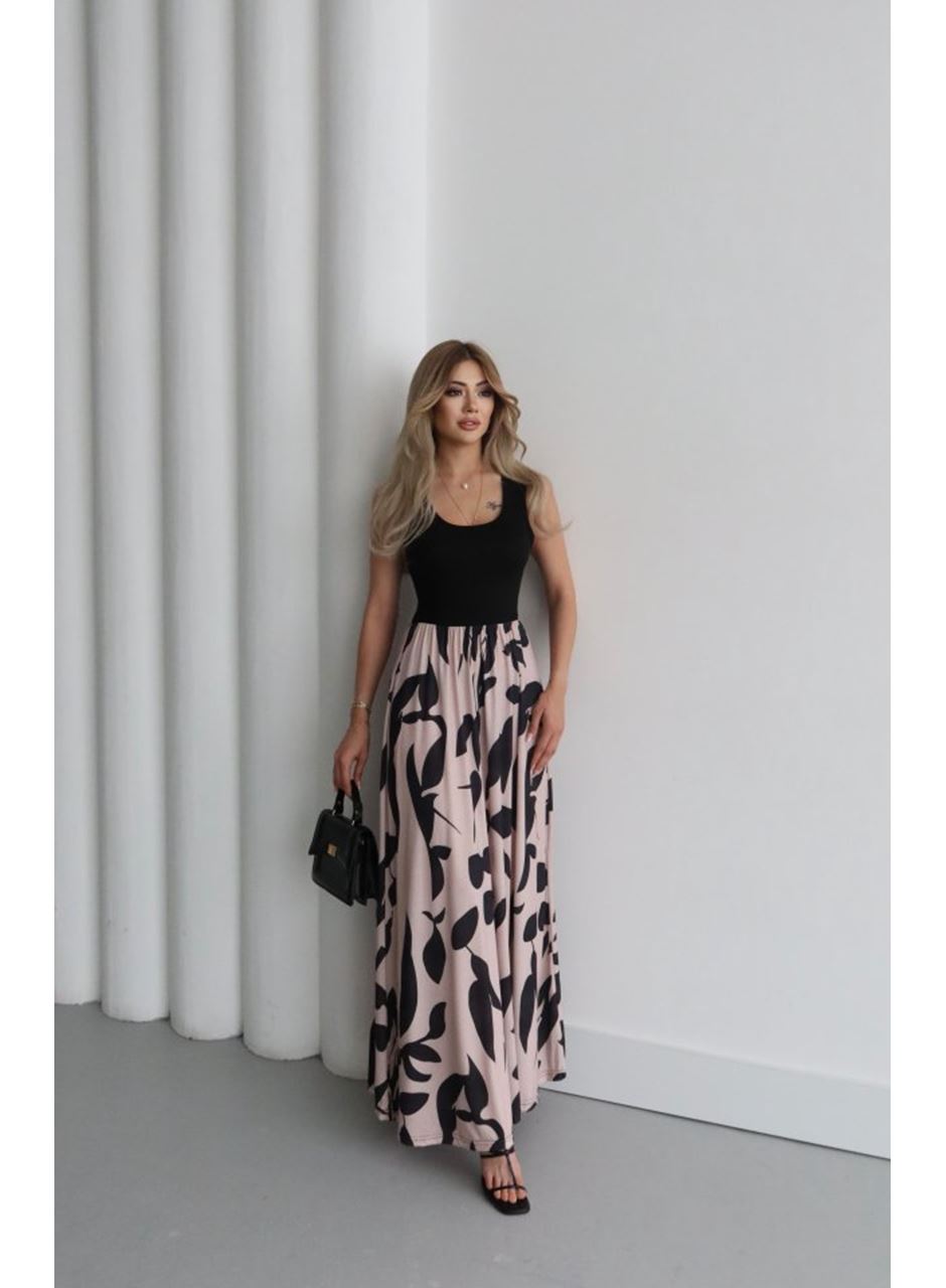 Kadın Askılı Yuvarlak Yaka üst Viskon Alt Desenli Uzun Süprem Elbise