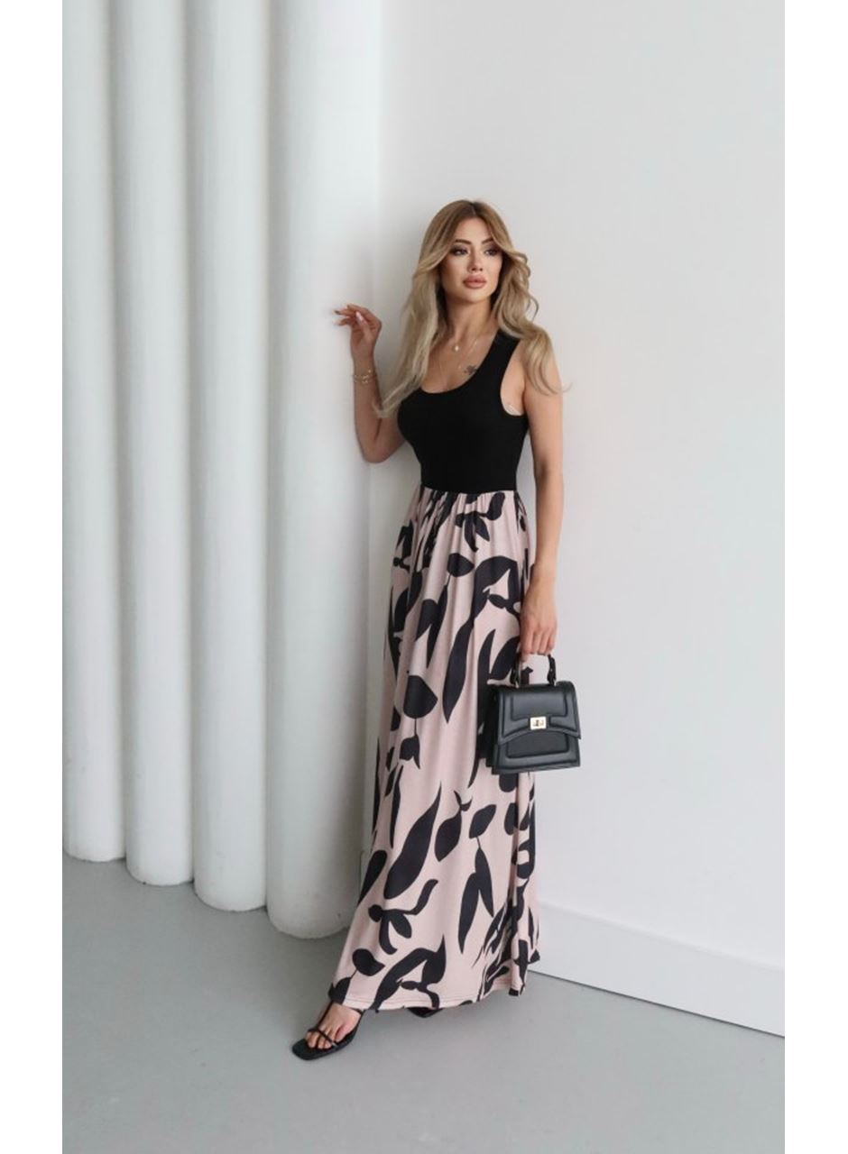Kadın Askılı Yuvarlak Yaka üst Viskon Alt Desenli Uzun Süprem Elbise