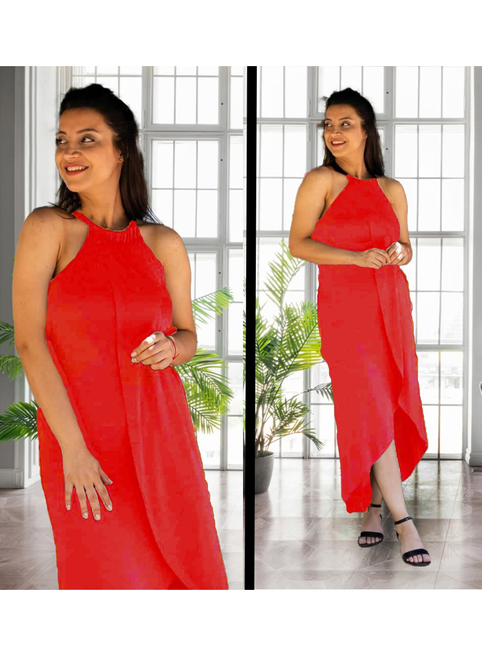 Boyun Askılı Eteği Kruvaze Kesim Viskon Kumaş Elbise