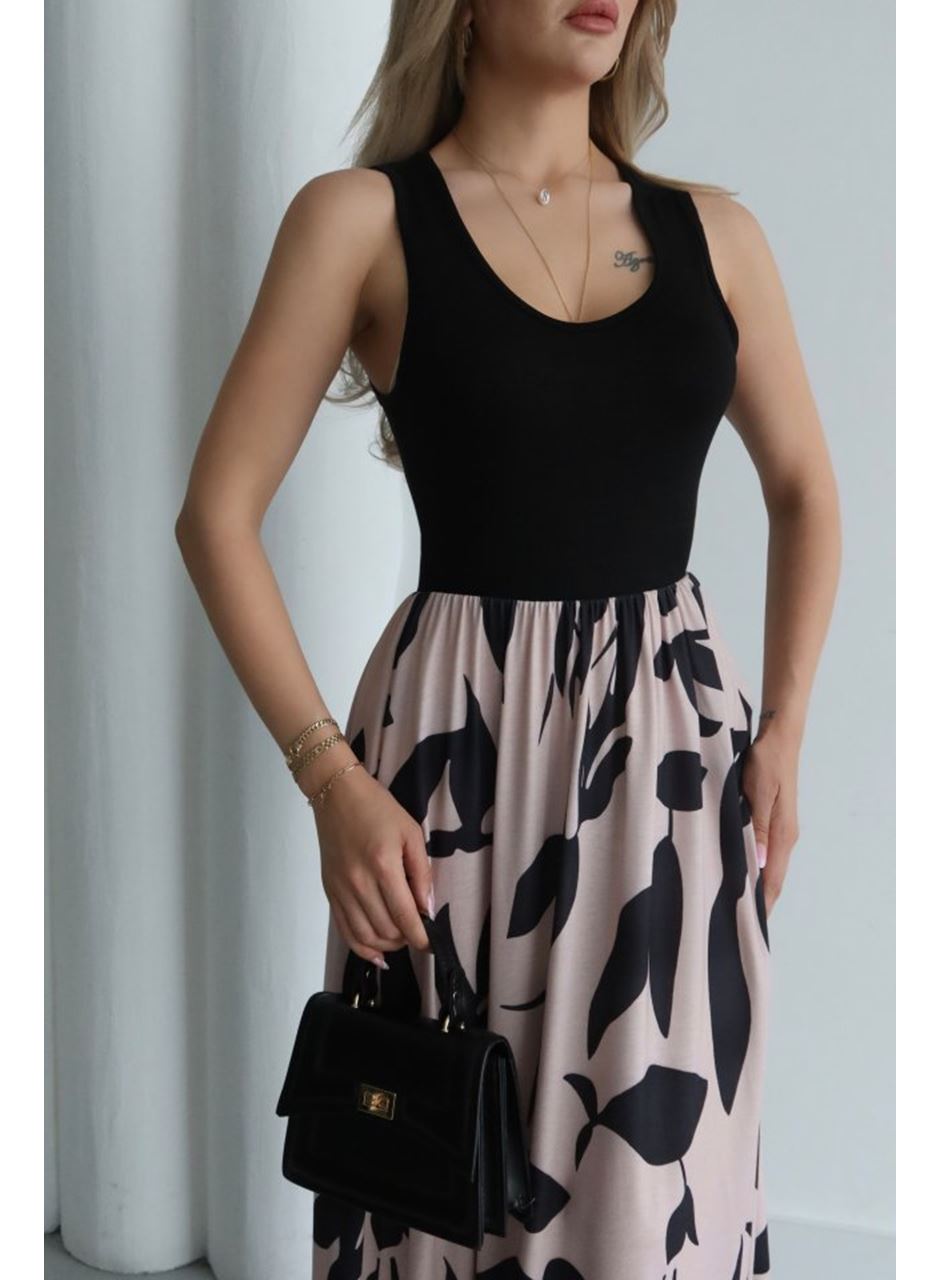 Kadın Askılı Yuvarlak Yaka üst Viskon Alt Desenli Uzun Süprem Elbise
