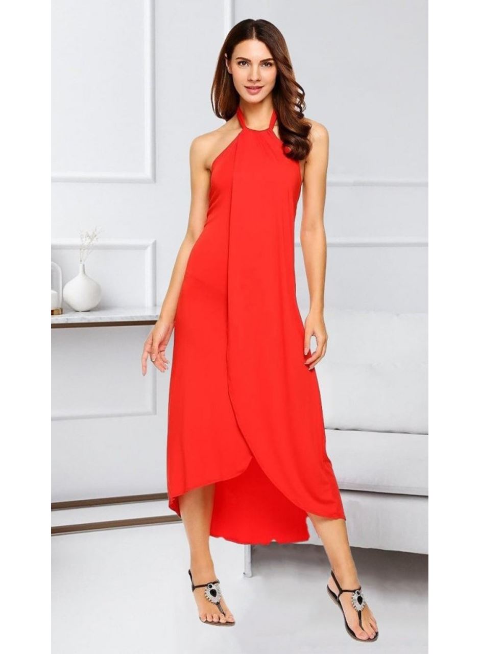 Boyun Askılı Eteği Kruvaze Kesim Viskon Kumaş Elbise