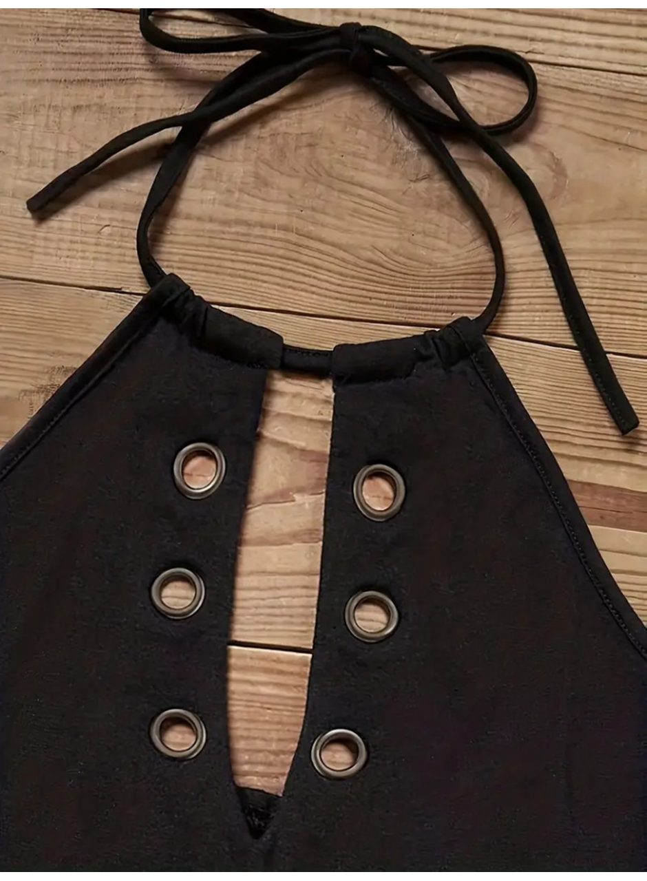 Kadın Askılı Kuş Gözü Ve Dekolte Detay Boyundan Bağlamalı Viskon Bluz