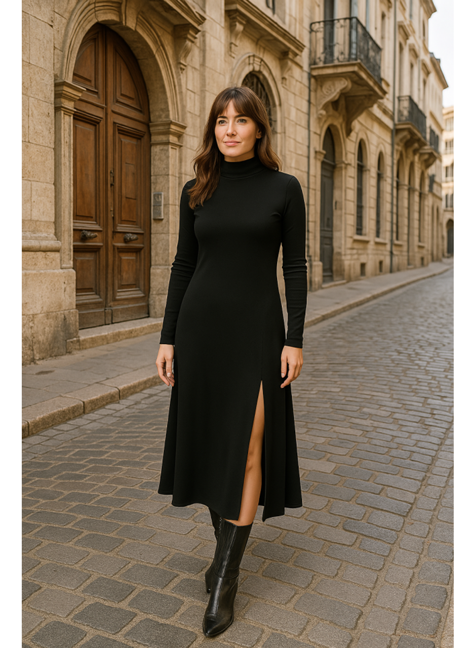 Kadın Uzun Kollu Balıkçı Yaka Derin Yırtmaç Detay Krep Elbise 120 Cm